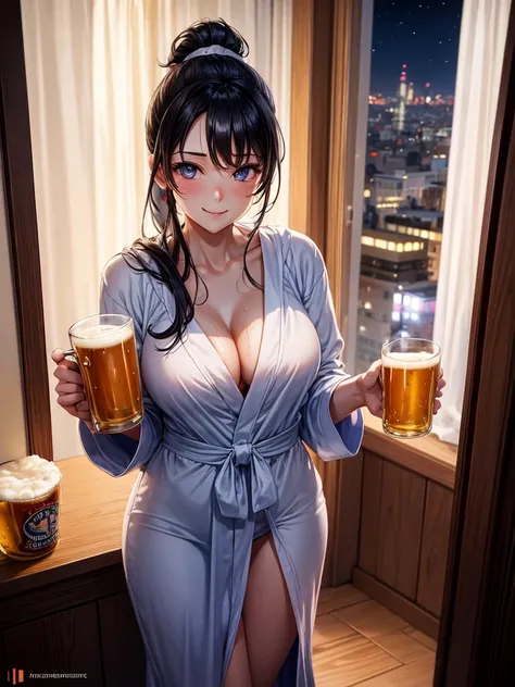 Highest quality,Highest Resolution,Beautiful girl in a gown bathrobe drinking beer from a mug with a smile,Bedroom,Night view outside the window,Big Breasts,Very beautiful eyes,Black hair ponytail,Standing posture,whole body,sweat profusely,