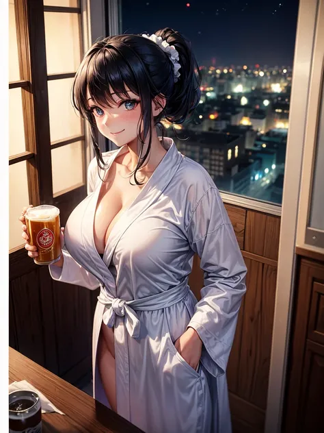 Highest quality,Highest Resolution,Beautiful girl in a gown bathrobe drinking beer from a mug with a smile,Bedroom,Night view outside the window,Big Breasts,Very beautiful eyes,Black hair ponytail,Standing posture,whole body,sweat profusely,