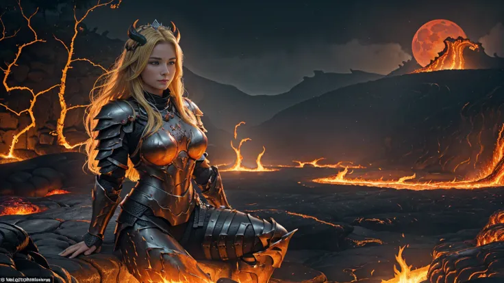 Against the backdrop of (lush jungle) and under the misty veil of (majestic waterfalls), the (radiant blonde warrior) sits on a rock, her gaze fixed directly on the camera lens.  The (dark night sky) sparkles above, lit by the (fiery red moon). Red flames ...