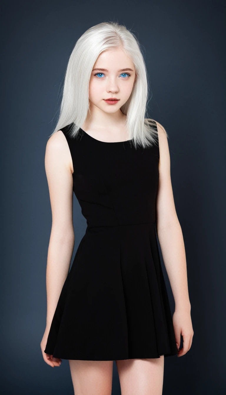 Very beautiful 15 year old girl, with white hair and white skin and blue eyes with a short black dress that shows her full body 