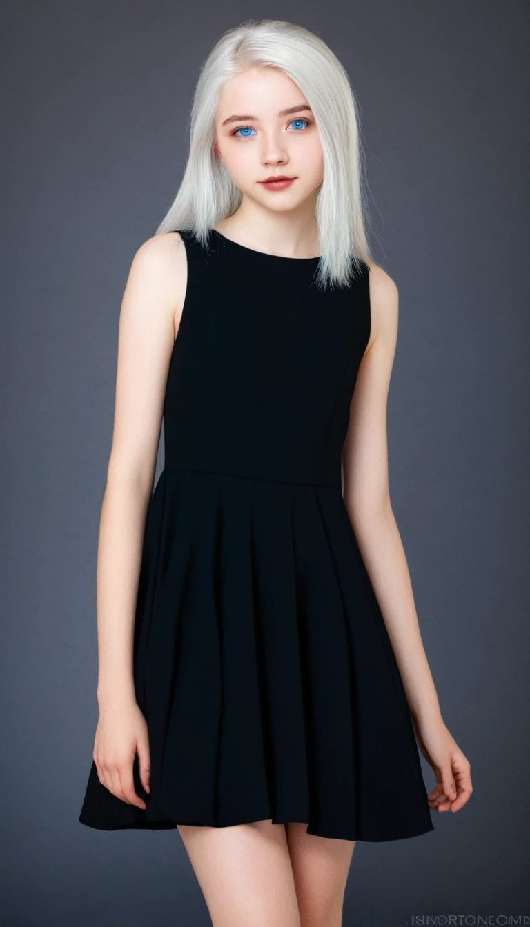 Very beautiful 15 year old girl, with white hair and white skin and blue eyes with a short black dress that shows her full body 