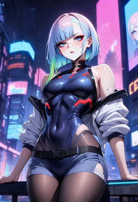 Cyberpunk edgerunners, 1 Girl,Double tail， Lucy (Cyberpunk), Bare shoulders, blue eyes, Tights, Looking at the audience,  Off-shoulder夹克, Off-shoulder, Red Eyeliner,sleeveless turtleneck Tights, Solitary, turtleneck Tights, White hair, ((masterpiece)) (bes...