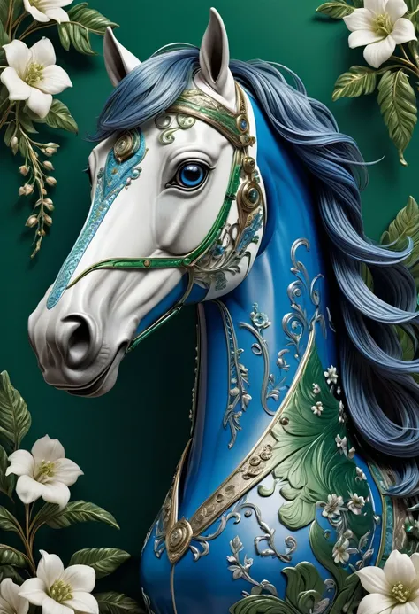 Mechanical horse head，lifelike，Anthropomorphic horses，Character setting，Ultra-detailed graphics，Delicate face，8K，magazine cover，Floral background decoration，Strong color contrast，Darker color，Blue, green and white