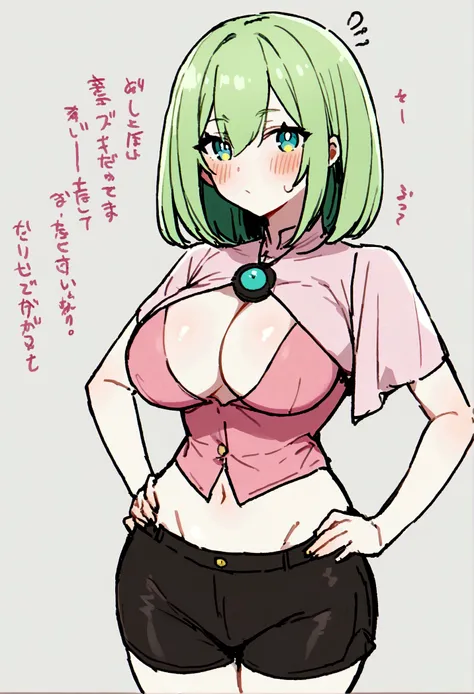 My name is Yashiro., I am a white test woman with long green  hair , turquoise eye color  . I am 1.62 cm tall and weigh 47 kg. My breasts measure 10 cm, my waist 40 cm and my hips 200 cm. Dressed in a tight, low-cut pink blouse along with short black short...