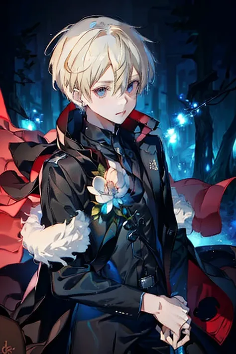 A cute guy ((1 boy )), short blonde hair, fluffy hair, fox eyes, vampire, abandoned forest , tall, red eyes , fangs, black cloak , best quality