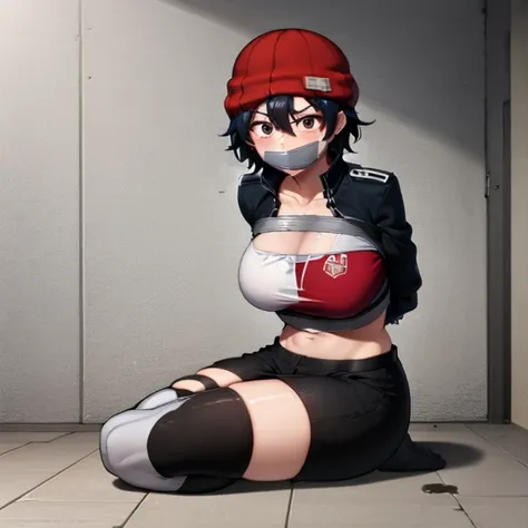 best quality, (masterpiece:1.2), highly detailed,

1girl, solo, 
Izumo Fuuko
tomboy
beanie, red headwear, black crop top, black hair, short hair,hair between eyes, brown, nervous
Sitting, looking at the viewer, mouth gagged, mouth taped, 
huge breasts, wri...