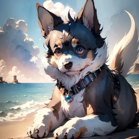 ((Best quality, 8K, Masterpiece: 1.4)),((Amazing detail: 1.3)),((Watercolor illustration: 1.2)),((high resolution: 1.1)),Thick painting style，(Critters)，1 dog，Blue solid background，in style of ghibli，head portrait，Anime avatar，miniature schnauzer，Grim expr...