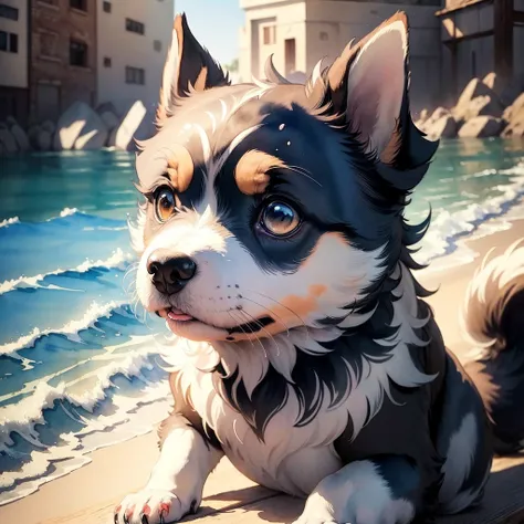 ((Best quality, 8K, Masterpiece: 1.4)),((Amazing detail: 1.3)),((Watercolor illustration: 1.2)),((high resolution: 1.1)),Thick painting style，(Critters)，1 dog，Blue solid background，in style of ghibli，head portrait，Anime avatar，miniature schnauzer，Grim expr...