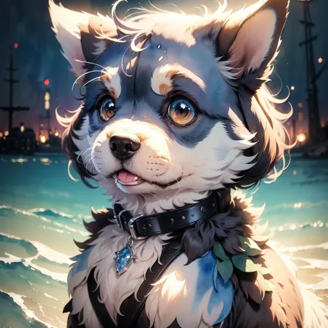 ((Best quality, 8K, Masterpiece: 1.4)),((Amazing detail: 1.3)),((Watercolor illustration: 1.2)),((high resolution: 1.1)),Thick painting style，(Critters)，1 dog，Blue solid background，in style of ghibli，head portrait，Anime avatar，miniature schnauzer，Grim expr...