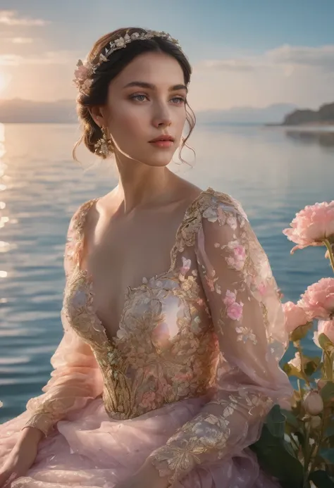 A serene and elegant scene of a woman in an elaborate floral dress sitting on a large flower platform on a calm sea surface, with a transparent bubble gently floating behind her. The dress features large delicate flowers, blending gentle pastel pink with d...