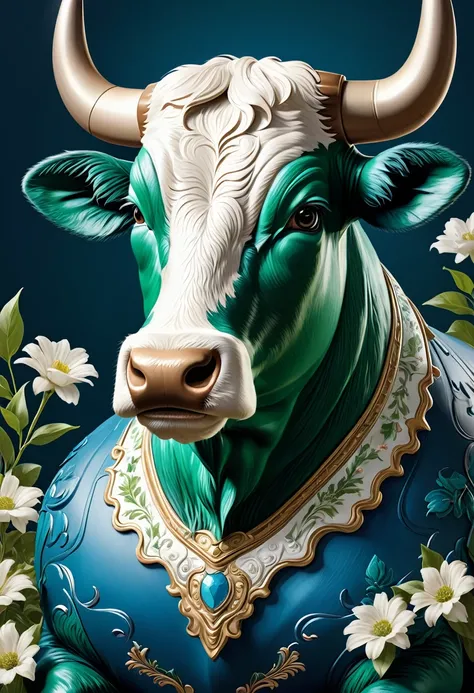 Mechanical Bull，lifelike，Anthropomorphic cattle，Character setting，Ultra-detailed graphics，Delicate face，8K，magazine cover，Floral background decoration，Strong color contrast，Darker color，Blue, green and white