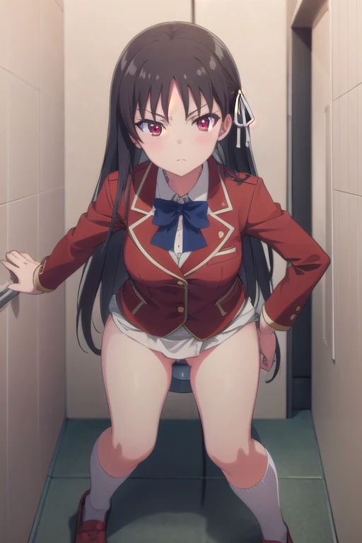 nsfw,Viewer Caution,suzune horikita, (Red eyes:1.3),toilet,洋式toilet,toiletに座る全身を映す,front,from the front,uniform,Red blazer,Hair ribbon, black knee-high socks,pull down pantie,