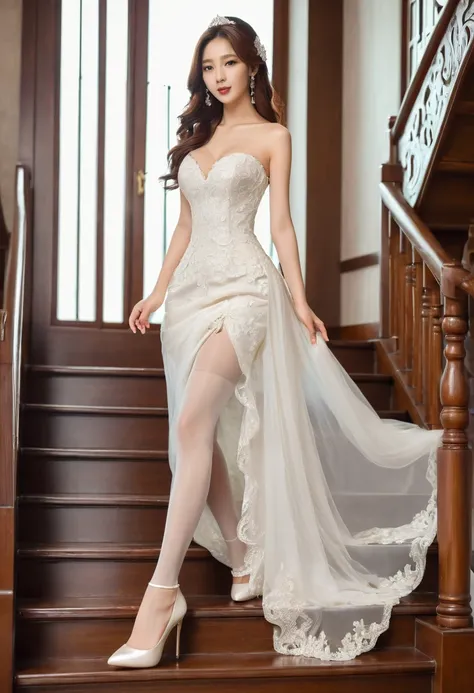 (8K,tmasterpiece,RAW photos,best qualtiy,the detail:1.2),Korean female model，Height 175 cm，perfect bodies，Long legs，wavy and long hair，Standing on wooden stairs in wedding dress and high heels, Wearing a wedding dress, long wedding dress, full - length vie...