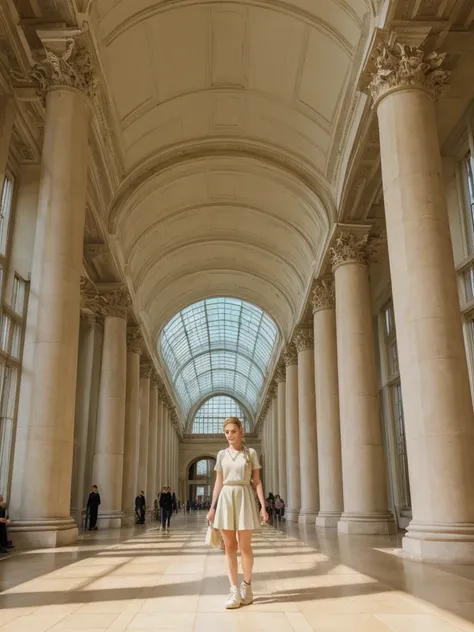 her name is Amelie, high quality, 1girl, ((20-year-old fit Caucasian woman)), ((20 years old)), ((fit)), ((Halo Braid)), pose: standing, wearing unique Generation-Z modern wear pastel colored, BACKGROUND: Walk through the grand, neoclassical halls of the B...