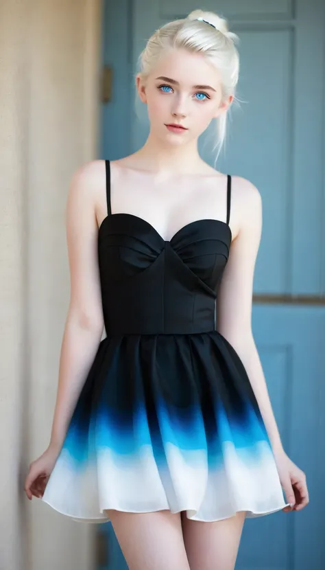 Very beautiful 15 year old girl, with white hair up and white skin and blue eyes with a short black dress that shows her full body 