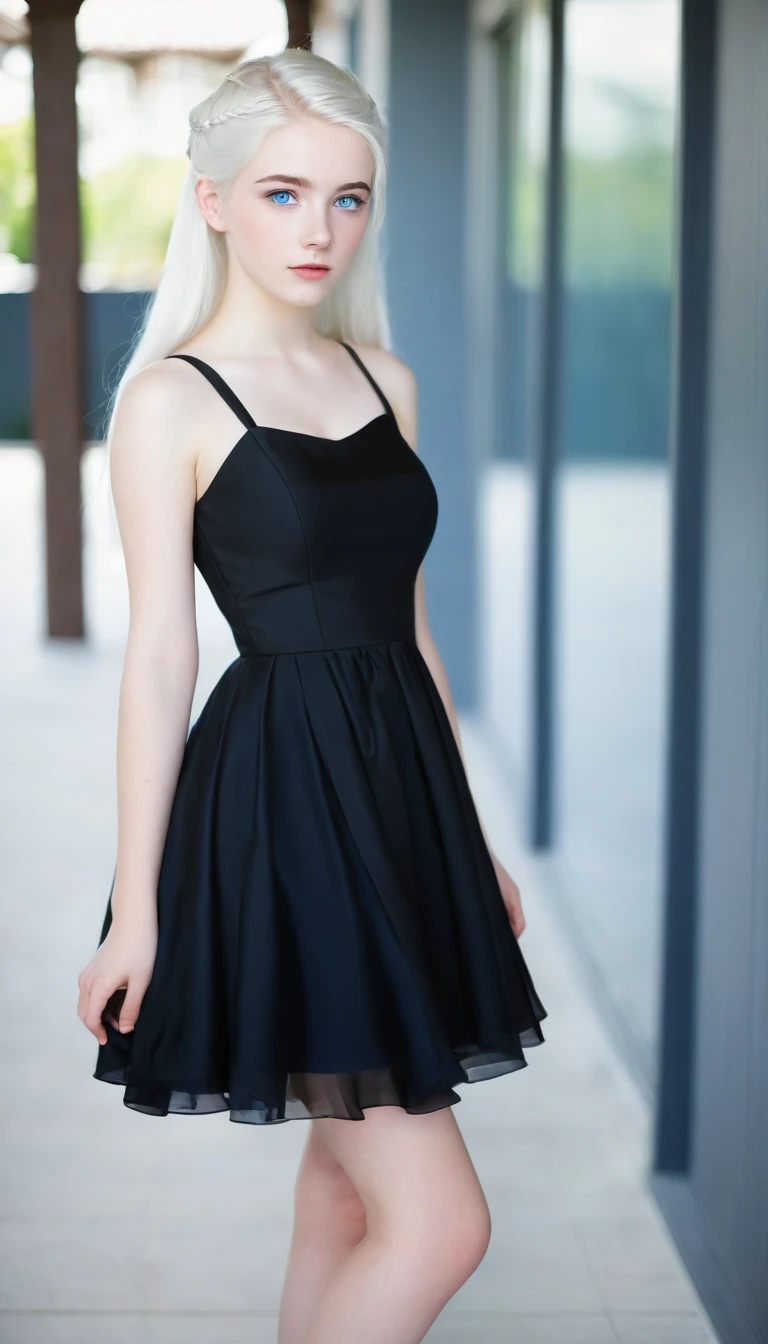 Very beautiful 15 year old girl, with white hair up and white skin and blue eyes with a short black dress that shows her full body 