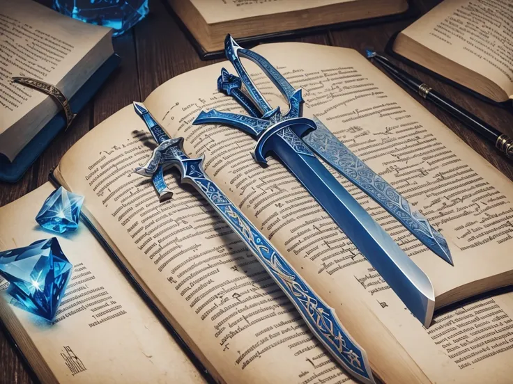 create a logo with a bible and in the middle of the bible a large sword with blue gems and writing:Inspiring Stories of Faith.