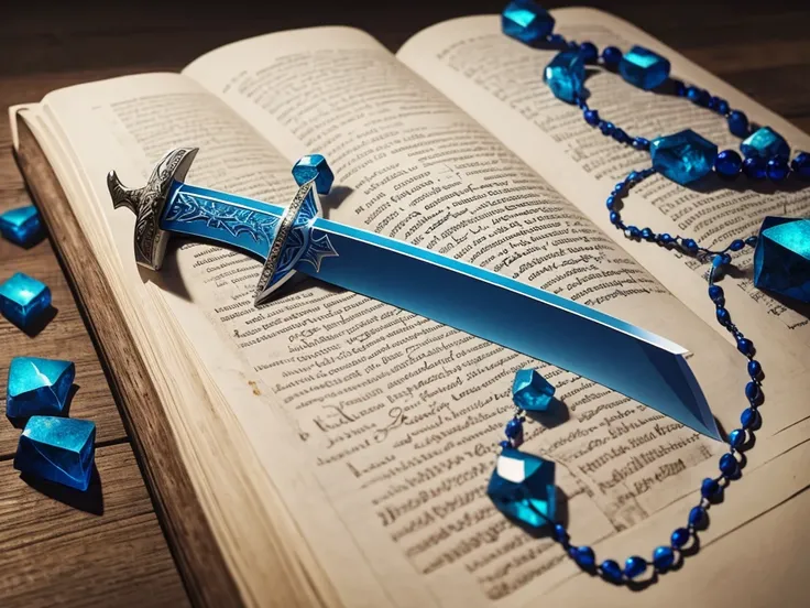 create a logo with a bible and in the middle of the bible a large sword with blue gems and writing:Inspiring Stories of Faith.