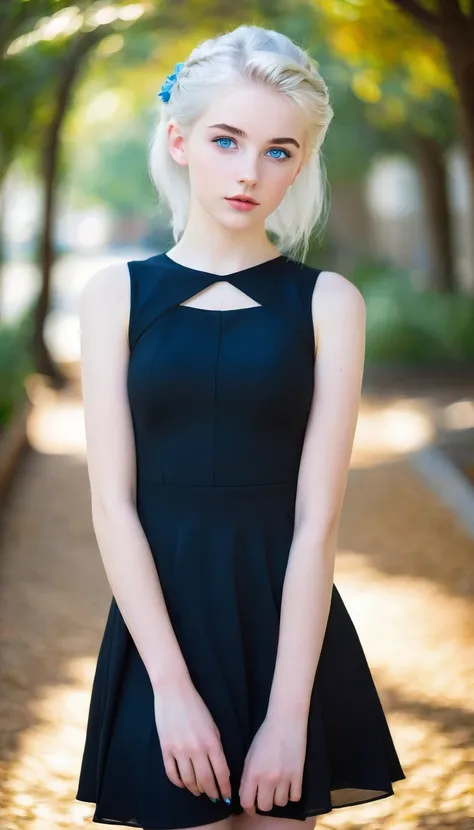 Very beautiful 15 year old girl, with white hair up and white skin and blue eyes with a short black dress that shows her full body 