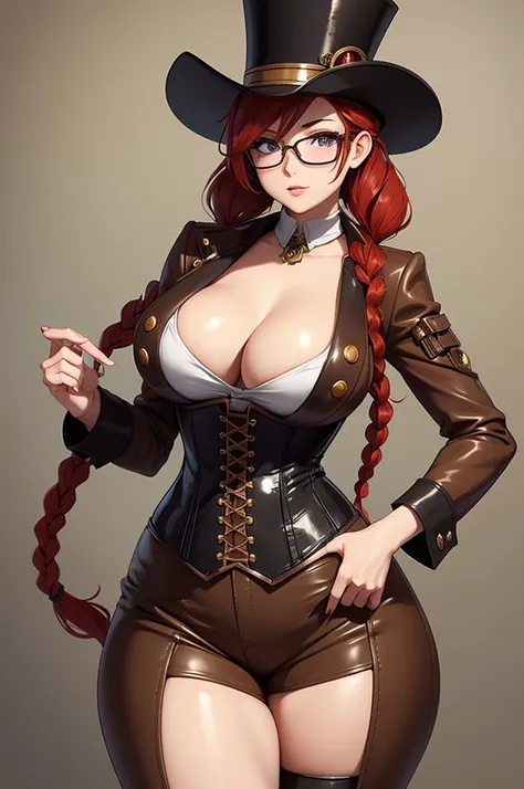 steampunk, underbust corset, breasts, large breasts, nipples, top hat, leather, tight clothes, red hair, pigtails, goggles, brown hat, half rim glasses, curvy, braids