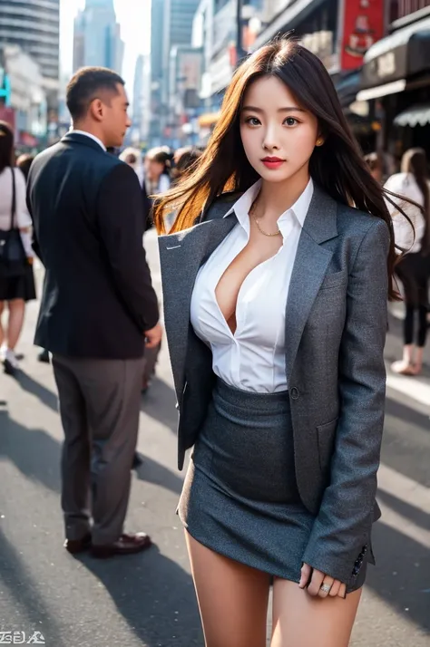 a 17 year old girl, she is the most beautiful actress in the world, the perfect body proportions of this girl, the things she wears are for formal, her upper body with its large breasts are covered 100% by the shirt under the blazer, her crotch between her...