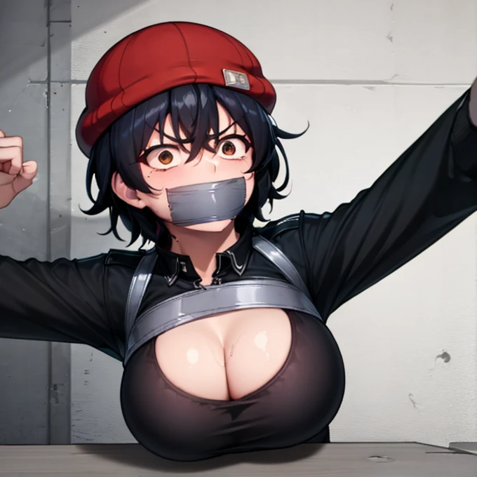 best quality, (masterpiece:1.2), highly detailed,

1girl, solo, 
Izumo Fuuko
tomboy
beanie, red headwear, black crop top, cleavage cutout, black hair, short hair,hair between eyes, brown, nervous, annoyed
looking at the viewer, mouth gagged, mouth taped, 
...