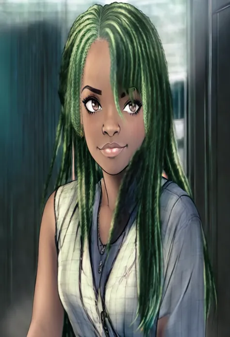 a girl, black skin, green hair, super realistic, realistic, ultra hd