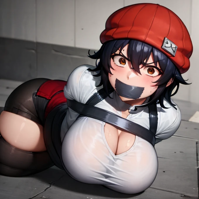 best quality, (masterpiece:1.2), highly detailed,

1girl, solo, 
Izumo Fuuko
tomboy
beanie, red headwear, black crop top, cleavage cutout, black hair, short hair,hair between eyes, brown, nervous, annoyed
looking at the viewer, mouth gagged, mouth taped, 
...