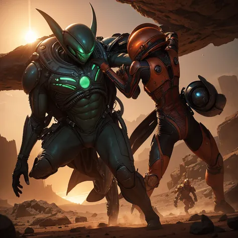 alien fight illustration, fighting on the planet mars