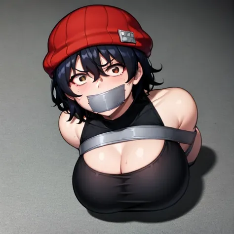 best quality, (masterpiece:1.2), highly detailed,

1girl, solo, 
Izumo Fuuko
tomboy
beanie, red headwear, black crop top, cleavage cutout, black hair, short hair,hair between eyes, brown, nervous, annoyed
looking at the viewer, mouth gagged, mouth taped, 
...