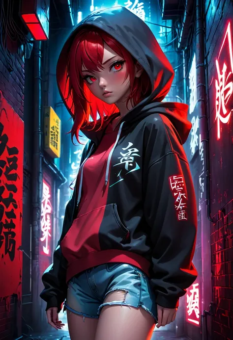 1girl, red hair, red pupils, red hoodie, wearing the hood, jean shorts, dark alley background, japanese graffiti background, red led background, detailed face, high quality, 8k, photorealistic, dramatic lighting, cinematic, neon lights, moody atmosphere, c...