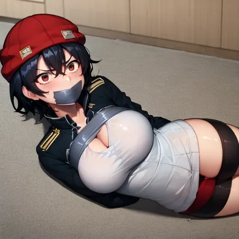 best quality, (masterpiece:1.2), highly detailed,

1girl, solo, 
Izumo Fuuko
tomboy
beanie, red headwear, black crop top, cleavage cutout, black hair, short hair,hair between eyes, brown, nervous, confused
looking at the viewer, mouth gagged, mouth taped, ...