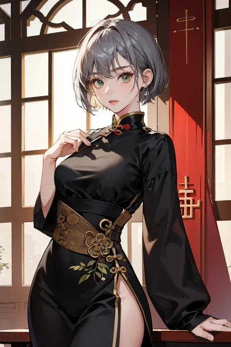 1girl, 20 years old, Chinese, old chinese dress, black dress, gray hair, green eyes, sexy, seductive, short hair, black pantyose 