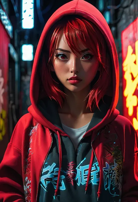 1girl, red hair, red pupils, red hoodie, wearing the hood, jean shorts, dark alley background, japanese graffiti background, red led background, detailed face, high quality, 8k, photorealistic, dramatic lighting, cinematic, neon lights, moody atmosphere, c...