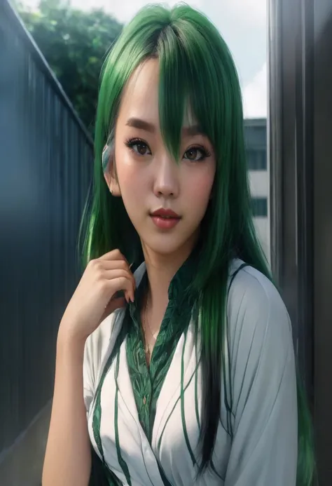 a girl, asian black skin, green hair, super realistic, realistic, ultra hd