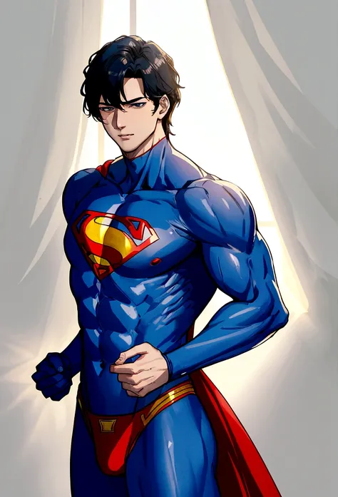 Superman in underwear ((best quality, 8K, Extremely detailed, masterpiece: 1.3)), 1 boy, No shirt, Glowing skin, Perfect body, 逼真阴影Perfect body, ("underwear,Big bulge ":1.2),(Dynamic poses:1.1), thigh , (Raised focus:1.2) ,Standing, Showing elegance and so...