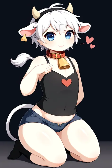 femboy, furry cow,  and cute, short white hair with black tips, blue colored eyes, god of eyes, detailed artwork, extremely deta...