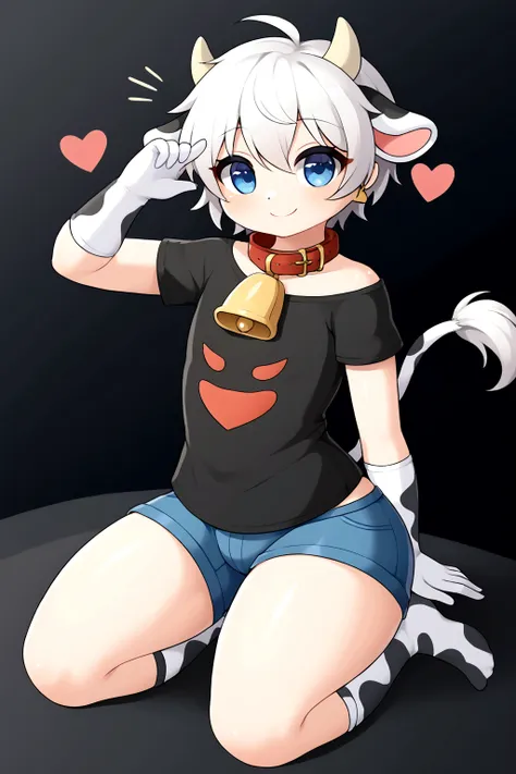 femboy, furry cow,  and cute, short white hair with black tips, blue colored eyes, god of eyes, detailed artwork, extremely deta...