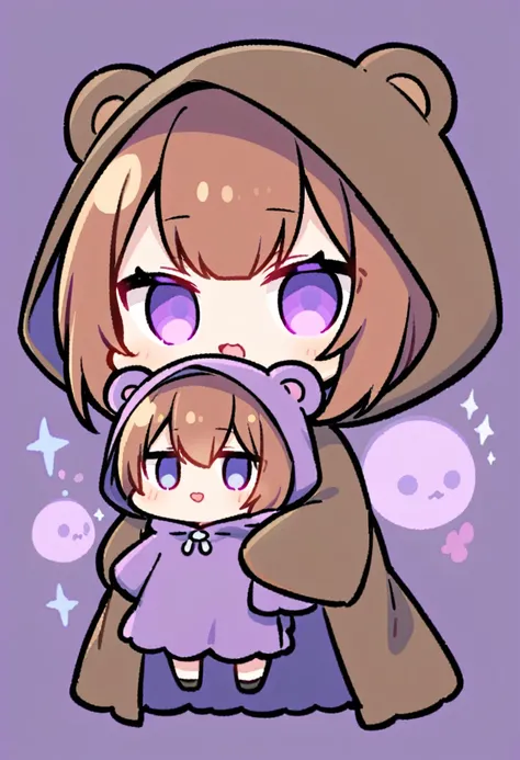 bangs bangs、Bangs、Crisp bangs、long brown hair、Wearing a dark brown bear hood、茶髪ロングのChibi Character、Wearing a dark brown bear ear hooded blanket、Purple Eyes、Purple betta background、Chibi Character、Holding a teddy bear、Bear face hood