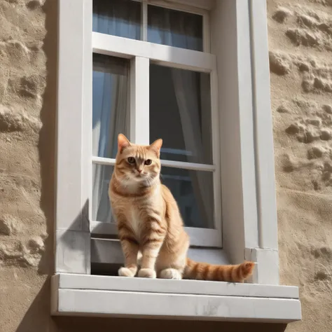 When seen from the outside, there is a cat behind the window of the building, super delicate, photo, 3D