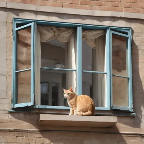 When seen from the outside, there is a cat behind the window of the building, super delicate, photo, 3D