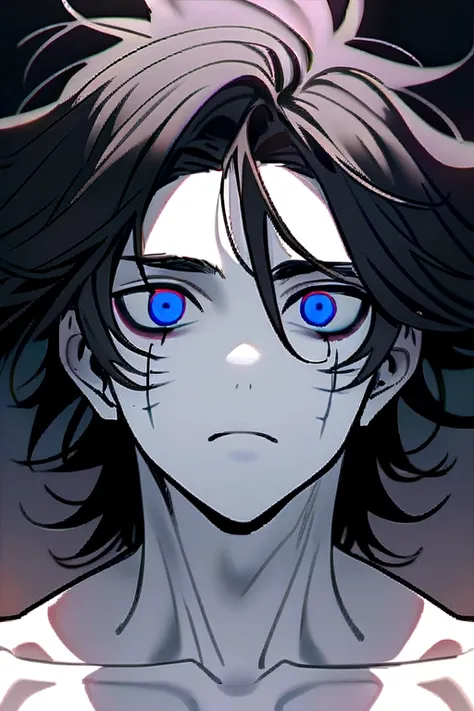 A black haired boy, messy hair with white skin, blue eyes, marked jaw and hunter&#39;s eyes. naked