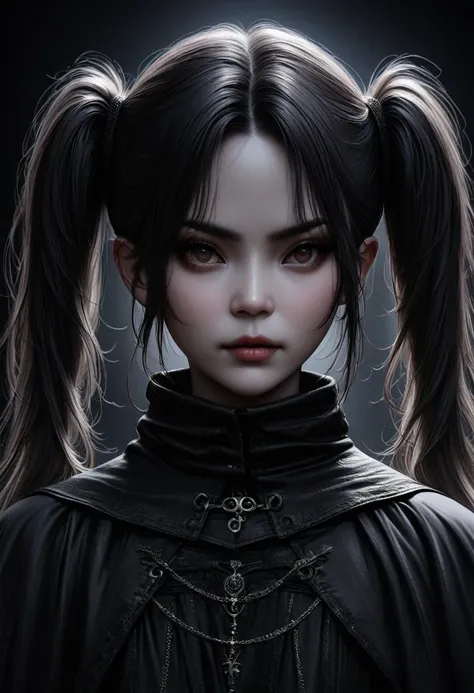 A goth girl with twin pigtails, minimalist aesthetic, highly detailed, ultra-realistic, 8k, dramatic lighting, dark moody colors, sharp focus, professional photography