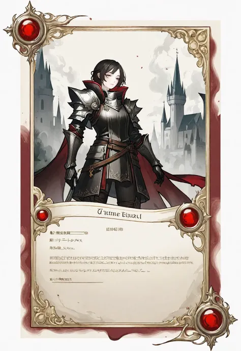 A card border UI，Medieval European fantasy style，Suspense style，Profile Style。Leave a square blank space in the middle，Parchment backing，There are blood stains on it。Black and White、yellowish、Dark red main color。