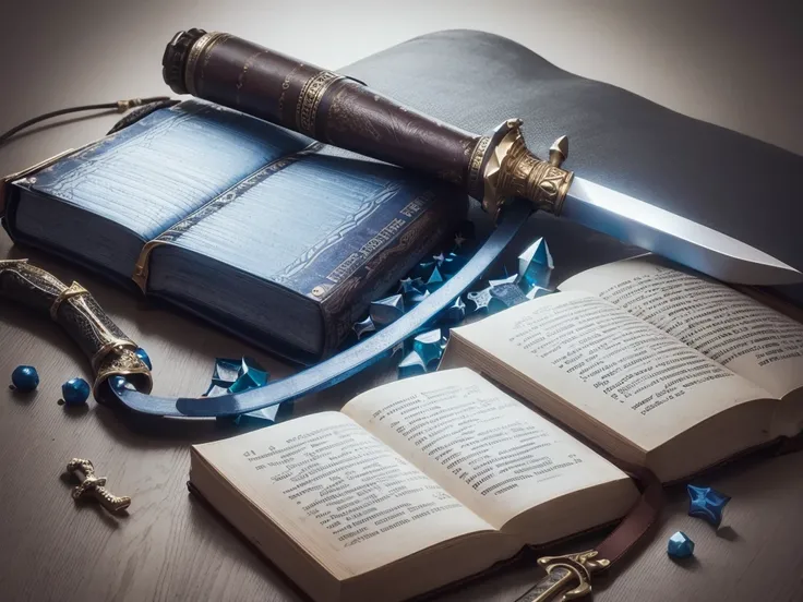 create a logo with a bible and in the middle of the closed bible and a large sword standing in the middle of the bible with blue gems and writing:Inspiring Stories of Faith.