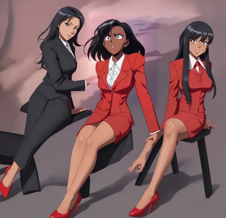 EVIL BLACK BUSINESS WOMAN WEARING A BLOUSE WITH A RED SKIRT SUIT 90s ANIME ARTSTYLE WITH RED HEELS FULL BODY WEARING A KNEE LONG RED SKIRT WHILE SITTING 