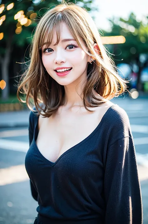 (8K, Raw photo:1.2), Detailed face and eyes, Best Quality, a beautiful girl, (huge Laughing:1.2), (open mouth:1.1), Soft cinematic light, Hyper-detailing, Sharp Focus, High quality, Blonde hair, bob cuts, Blurred Background, Particles of light, Strong wind...