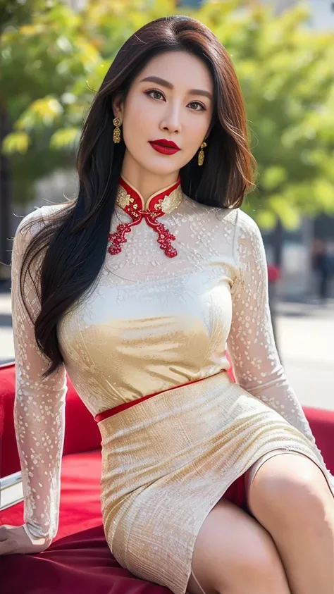 on the street，Light red cheongsam dress (No cleavage),thigh, cosmetic, (Lipstick: 1.1), (Eyeliner: 1.2), mascara, Eyeshadow,Outdoor sports, earrings, necklace, High-necked cheongsam, Wrinkles at the corners of the eyes, Oral wrinkles,High target Neck Knit ...