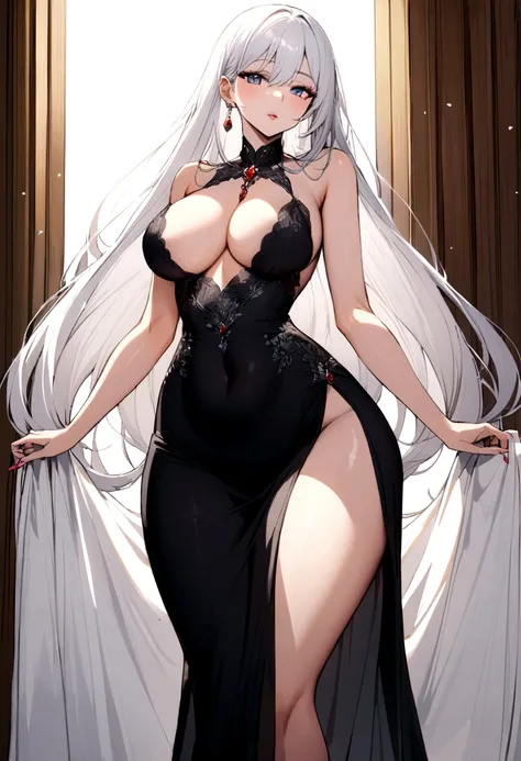 Snow-white haired woman with G cup breasts, wide hips and long legs