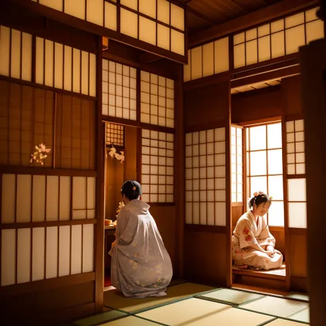 Inside a traditional Japanese house。The old woman cuts open ten large peaches、A scene where a small baby appears from inside each one, smiling.。The old man is also watching in amazement.。